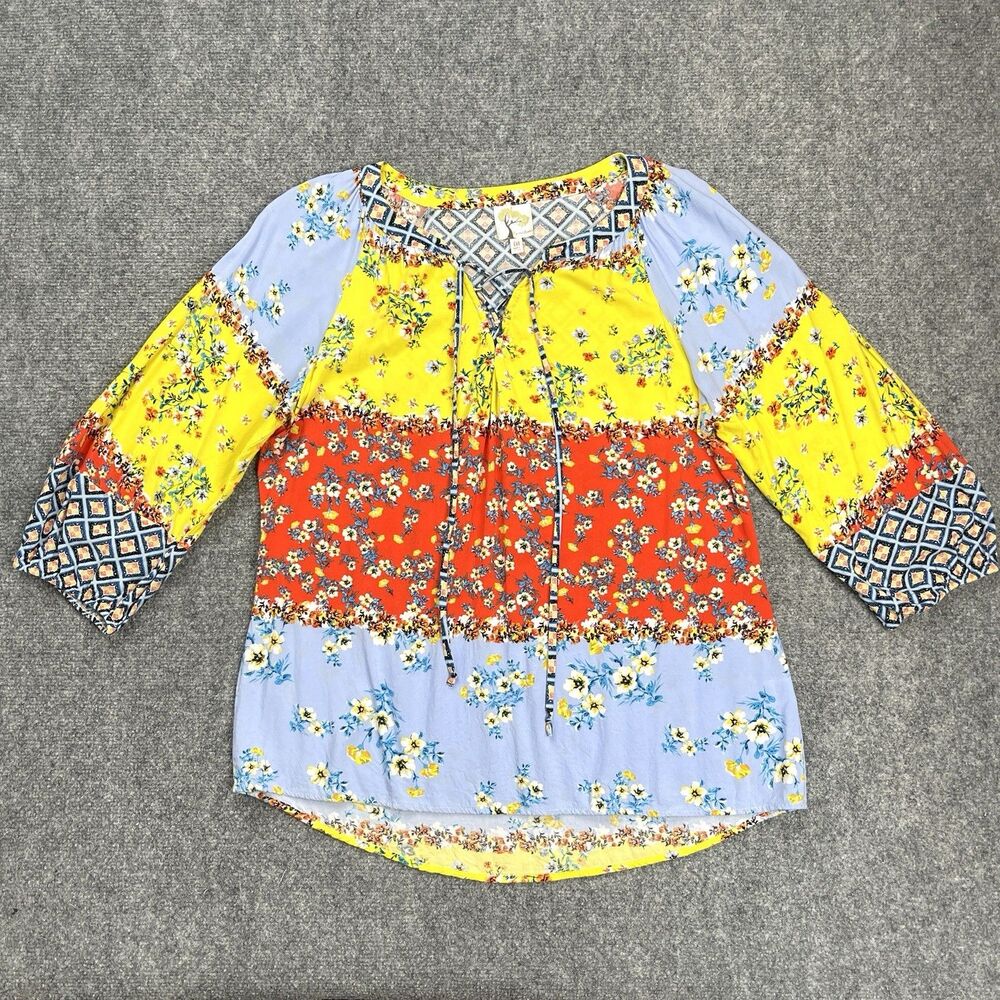 Anthropologie Fig & Flower Top Sz Medium Tiered Floral 3/4 Sleeve Tie Front